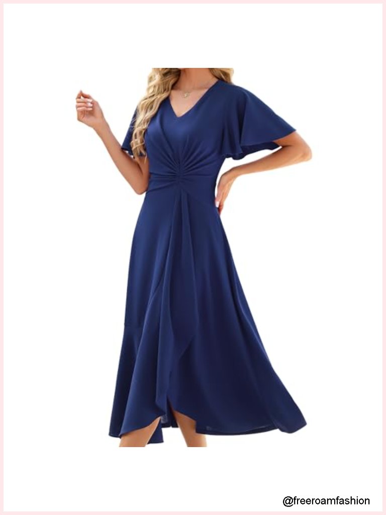 V-Neck Cocktail Dress With Ruffled Sleeves A-Line Formal Evening Party Midi
